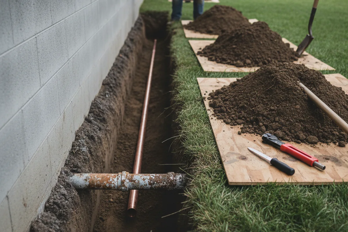Excavated water line trench during Water Softener Installation in Chatham